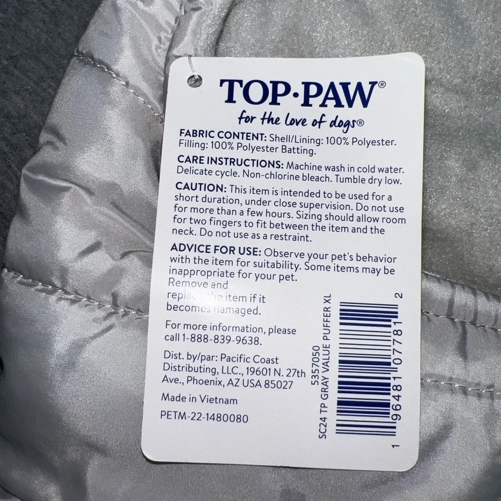 Top Paw Gray Value Puffer Dog Coat Jacket X Large Fleece Lined Pet Apparel